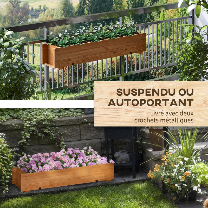 Jardinière rectangulaire suspendue balcon 91 x 18 x 16.5 cm drainage supports métal rustique en bois de sapin marron 21_0004297