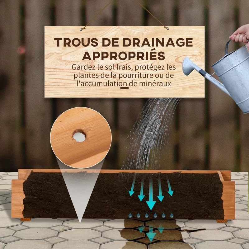 Jardinière rectangulaire suspendue balcon 91 x 18 x 16.5 cm drainage supports métal rustique en bois de sapin marron 21_0004297