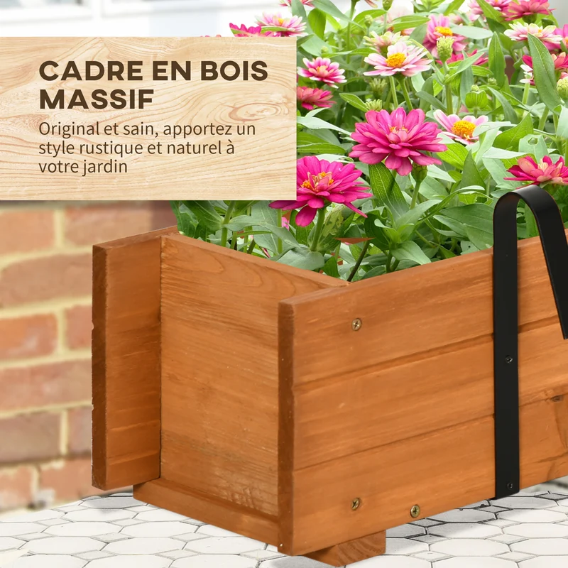 Jardinière rectangulaire suspendue balcon 91 x 18 x 16.5 cm drainage supports métal rustique en bois de sapin marron 21_0004297
