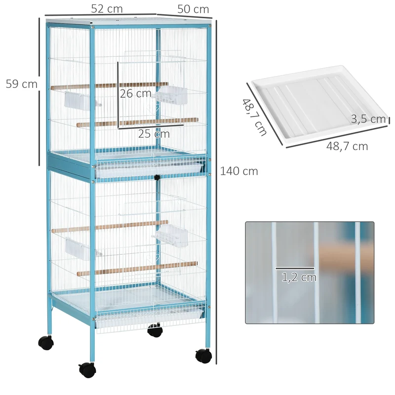 Grande cage à oiseaux double sur pied 51.5 x 50 x 140 cm plateau amovible roulettes contemporain en acier bleu clair 21_0007574