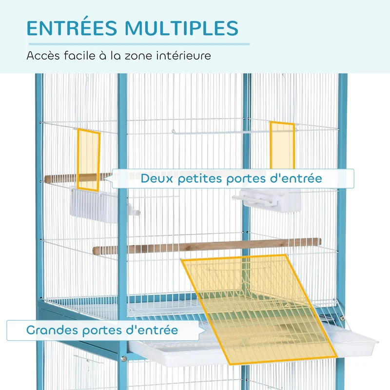 Grande cage à oiseaux double sur pied 51.5 x 50 x 140 cm plateau amovible roulettes contemporain en acier bleu clair 21_0007574