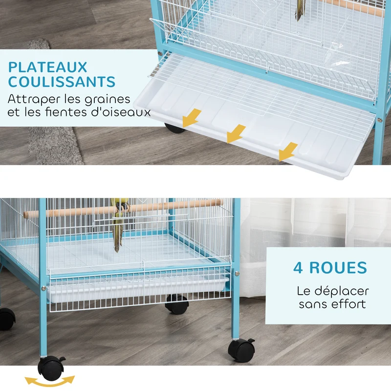 Grande cage à oiseaux double sur pied 51.5 x 50 x 140 cm plateau amovible roulettes contemporain en acier bleu clair 21_0007574