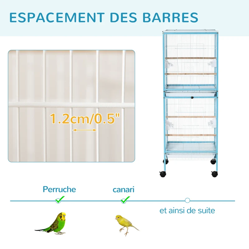 Grande cage à oiseaux double sur pied 51.5 x 50 x 140 cm plateau amovible roulettes contemporain en acier bleu clair 21_0007574