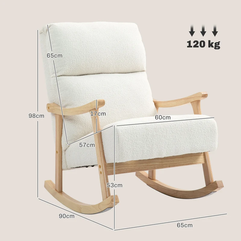 Fauteuil à bascule détente 65 x 90 x 98 cm assise rembourrée dossier ergonomique scandinave épuré en velours teddy crème 21_0003438