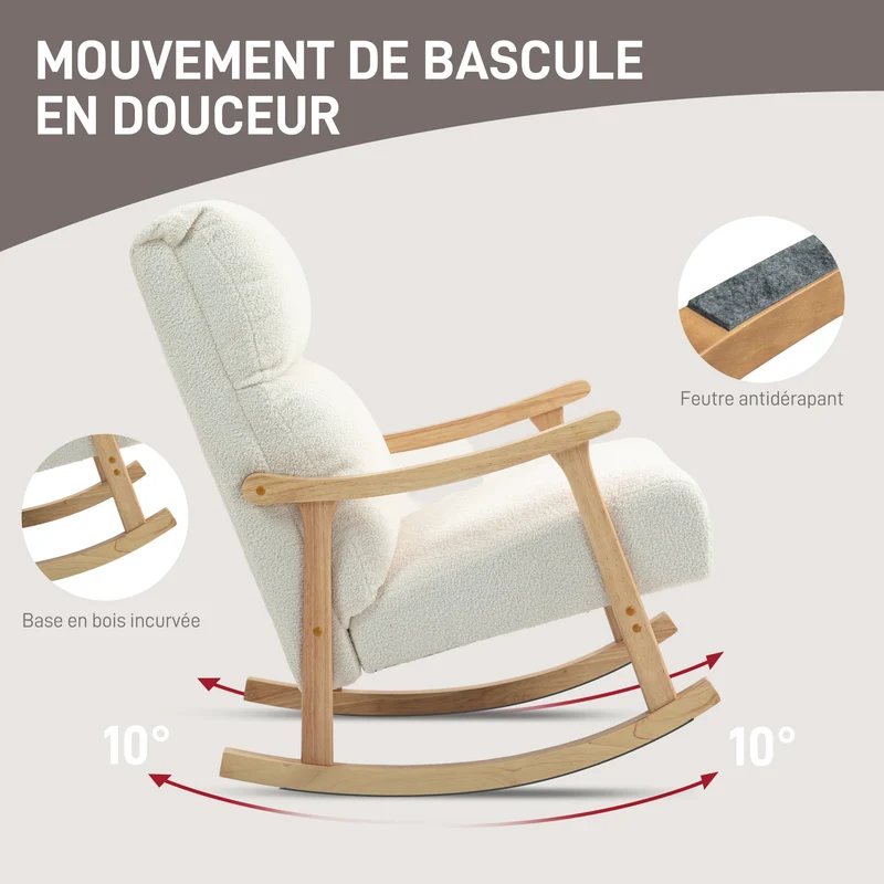 Fauteuil à bascule détente 65 x 90 x 98 cm assise rembourrée dossier ergonomique scandinave épuré en velours teddy crème 21_0003438