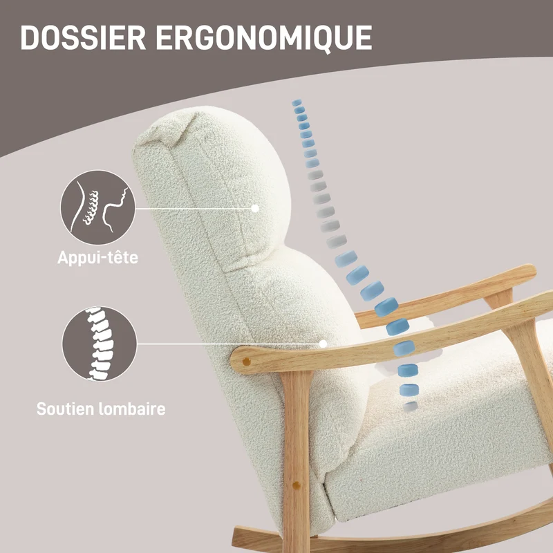 Fauteuil à bascule détente 65 x 90 x 98 cm assise rembourrée dossier ergonomique scandinave épuré en velours teddy crème 21_0003438