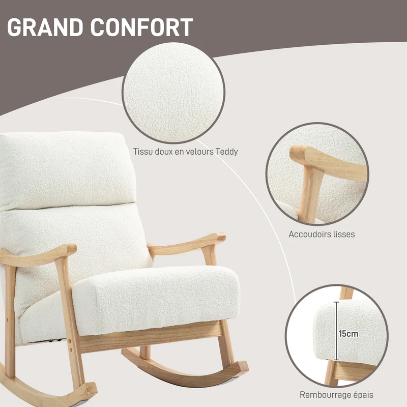 Fauteuil à bascule détente 65 x 90 x 98 cm assise rembourrée dossier ergonomique scandinave épuré en velours teddy crème 21_0003438