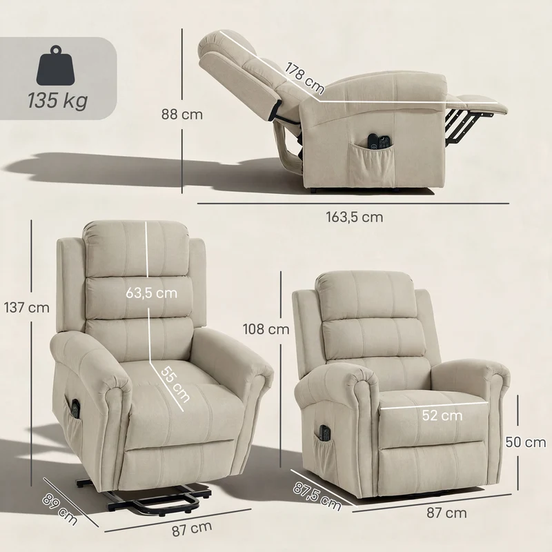 Fauteuil releveur électrique inclinable télécommandé 87 x 87,5 x 108 cm massage chauffant moderne en polyester beige 21_0000814