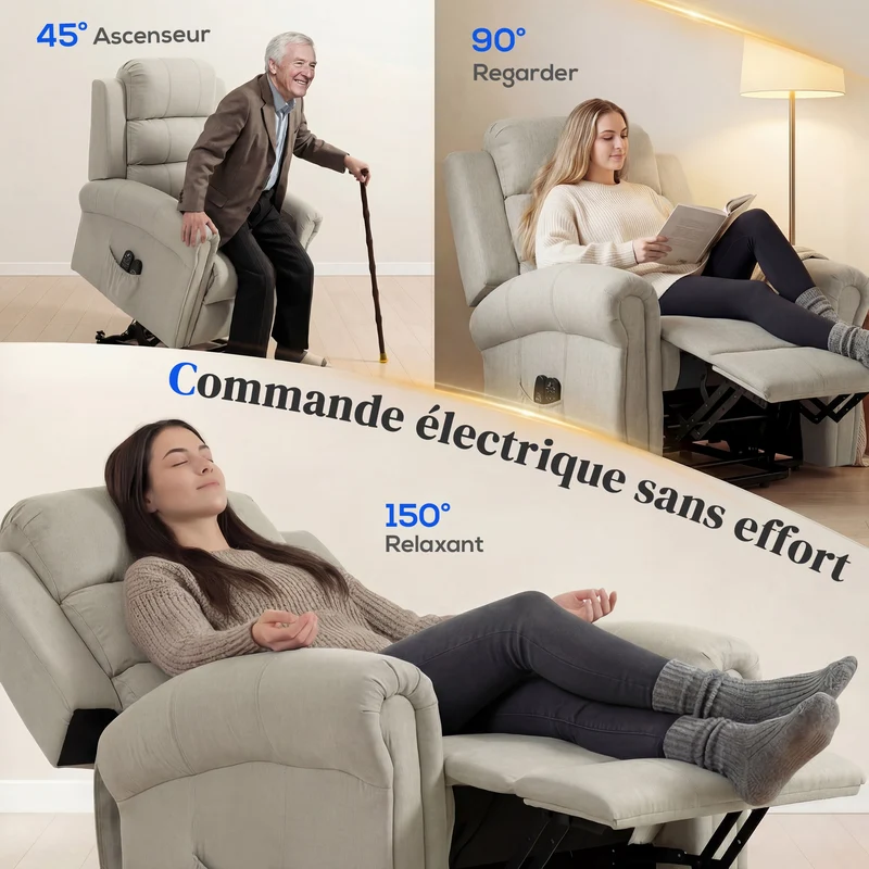 Fauteuil releveur électrique inclinable télécommandé 87 x 87,5 x 108 cm massage chauffant moderne en polyester beige 21_0000814