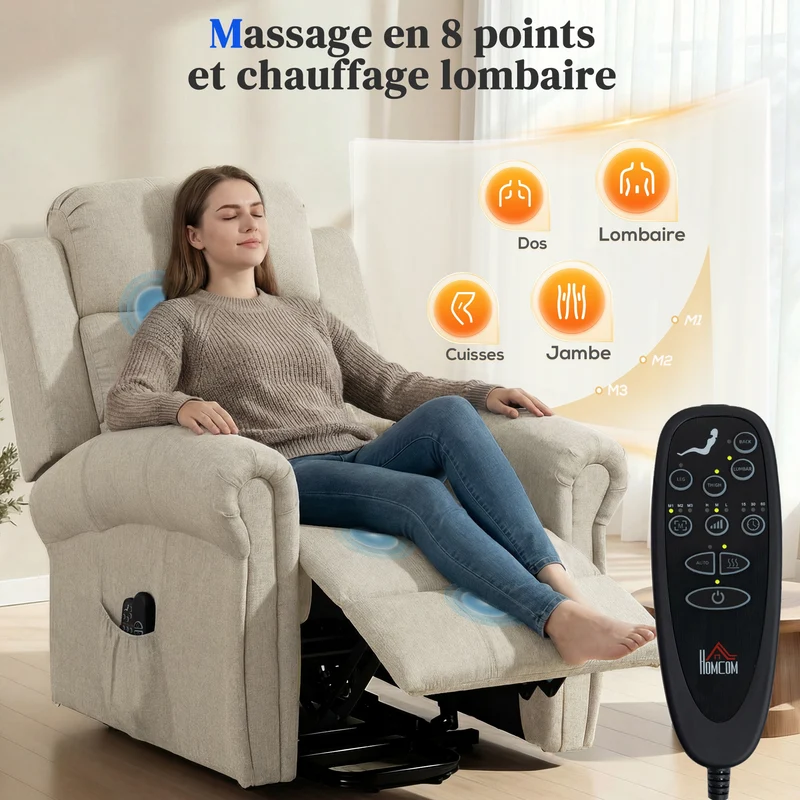 Fauteuil releveur électrique inclinable télécommandé 87 x 87,5 x 108 cm massage chauffant moderne en polyester beige 21_0000814