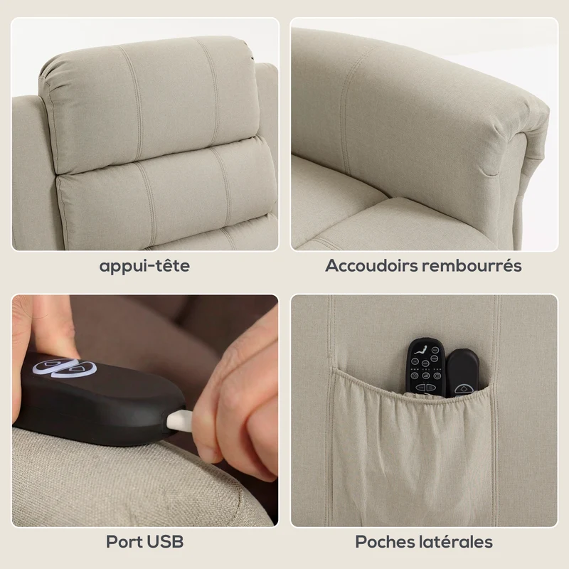 Fauteuil releveur électrique inclinable télécommandé 87 x 87,5 x 108 cm massage chauffant moderne en polyester beige 21_0000814
