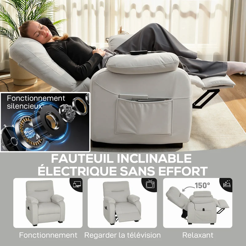 Fauteuil inclinable relaxant 96 x 90 x 103 cm moteur silencieux positions mémorisables moderne cosy en velours crème 21_0003625