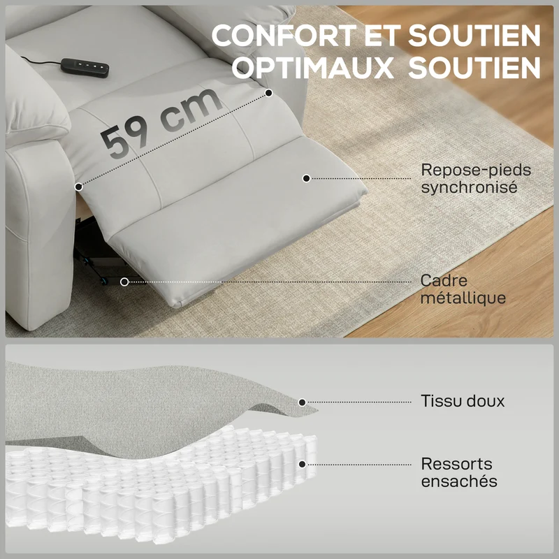Fauteuil inclinable relaxant 96 x 90 x 103 cm moteur silencieux positions mémorisables moderne cosy en velours crème 21_0003625
