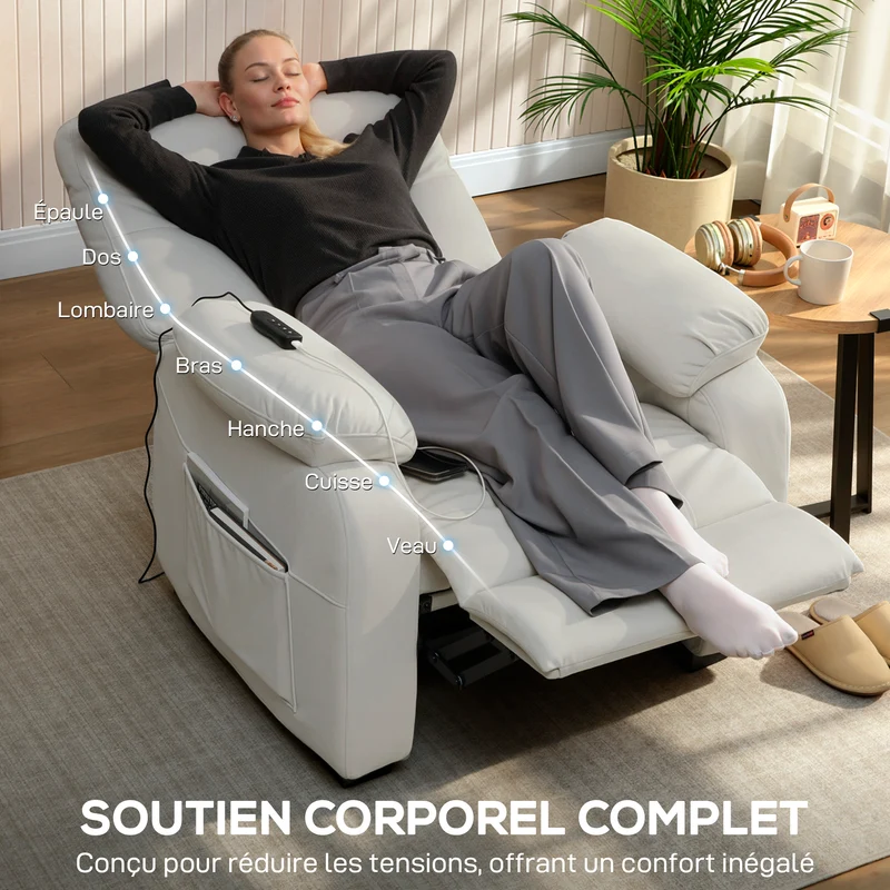 Fauteuil inclinable relaxant 96 x 90 x 103 cm moteur silencieux positions mémorisables moderne cosy en velours crème 21_0003625
