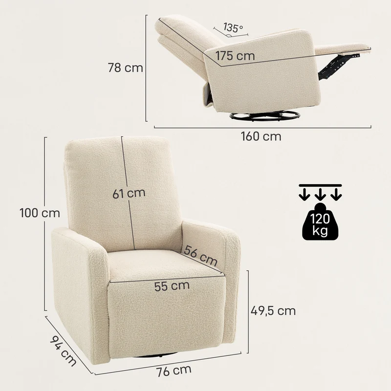 Fauteuil inclinable pivotant 76 x 94 x 100 cm assise spacieuse inclinaison 135° contemporain en tissu bouclette beige 21_0003607