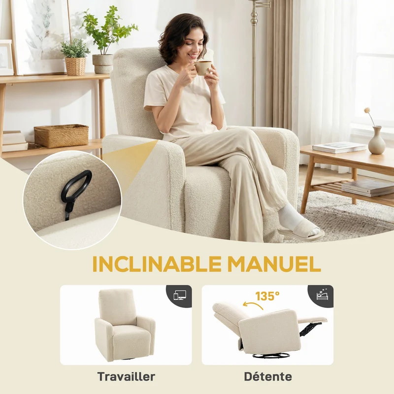 Fauteuil inclinable pivotant 76 x 94 x 100 cm assise spacieuse inclinaison 135° contemporain en tissu bouclette beige 21_0003607