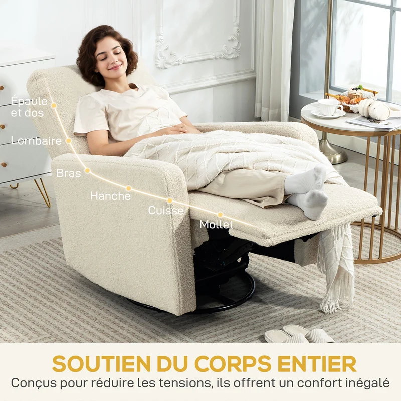 Fauteuil inclinable pivotant 76 x 94 x 100 cm assise spacieuse inclinaison 135° contemporain en tissu bouclette beige 21_0003607
