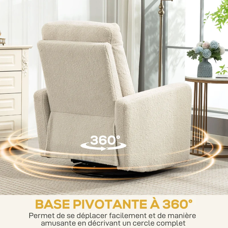 Fauteuil inclinable pivotant 76 x 94 x 100 cm assise spacieuse inclinaison 135° contemporain en tissu bouclette beige 21_0003607