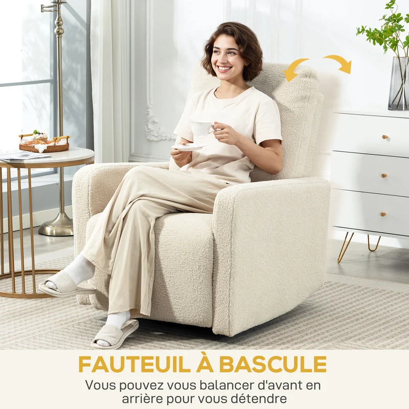 Fauteuil inclinable pivotant 76 x 94 x 100 cm assise spacieuse inclinaison 135° contemporain en tissu bouclette beige 21_0003607