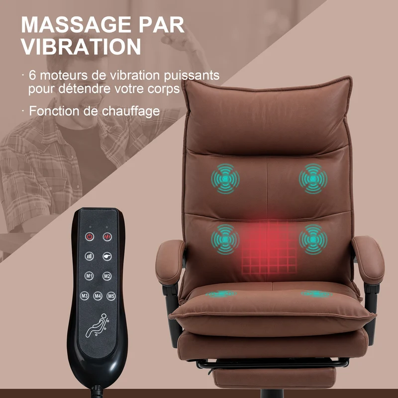 Fauteuil de bureau massant inclinable 66 x 74 x 121,5 cm massage chauffant repose-pieds moderne en microfibre marron 21_0006243
