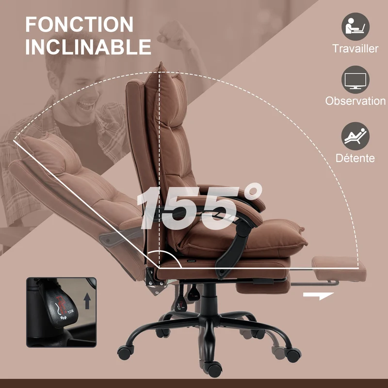 Fauteuil de bureau massant inclinable 66 x 74 x 121,5 cm massage chauffant repose-pieds moderne en microfibre marron 21_0006243