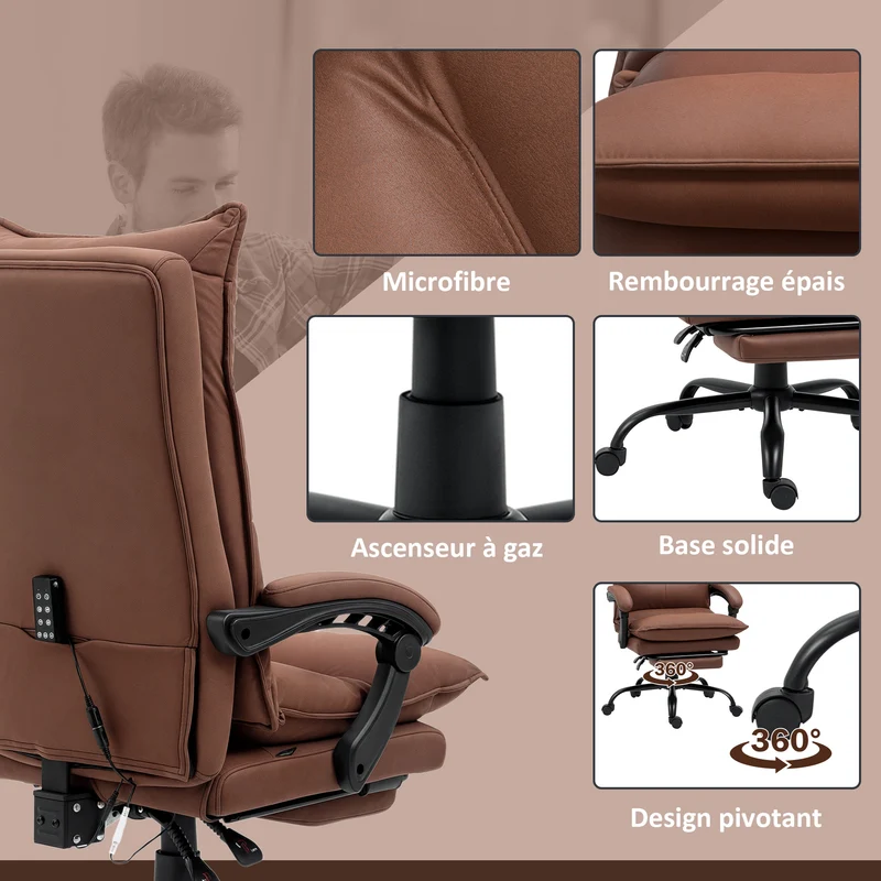 Fauteuil de bureau massant inclinable 66 x 74 x 121,5 cm massage chauffant repose-pieds moderne en microfibre marron 21_0006243