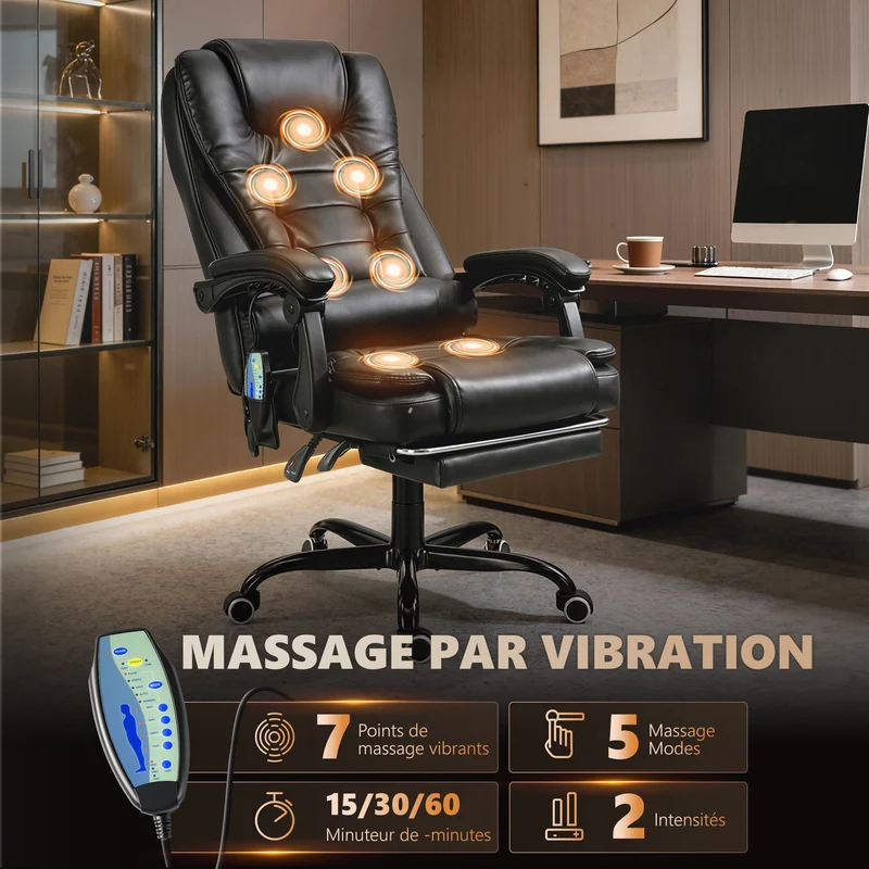 Fauteuil de bureau massant 67 x 79 x 121 cm inclinable 155° repose-pieds rétractable cosy moderne en polyuréthane noir 21_0006194