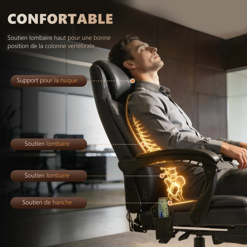 Fauteuil de bureau massant 67 x 79 x 121 cm inclinable 155° repose-pieds rétractable cosy moderne en polyuréthane noir 21_0006194