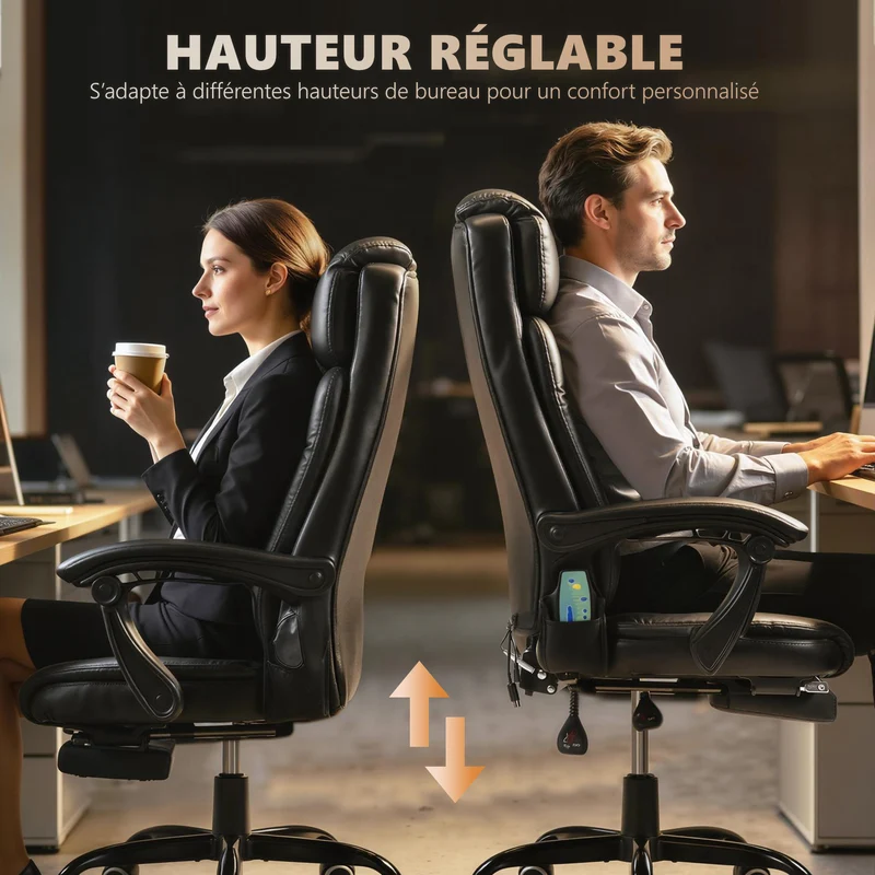 Fauteuil de bureau massant 67 x 79 x 121 cm inclinable 155° repose-pieds rétractable cosy moderne en polyuréthane noir 21_0006194