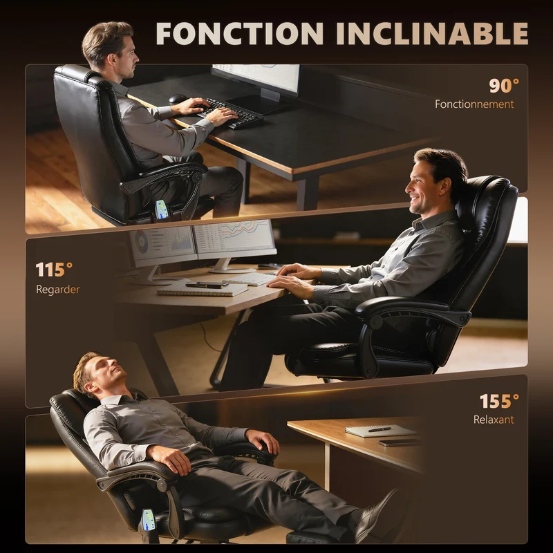 Fauteuil de bureau massant 67 x 79 x 121 cm inclinable 155° repose-pieds rétractable cosy moderne en polyuréthane noir 21_0006194