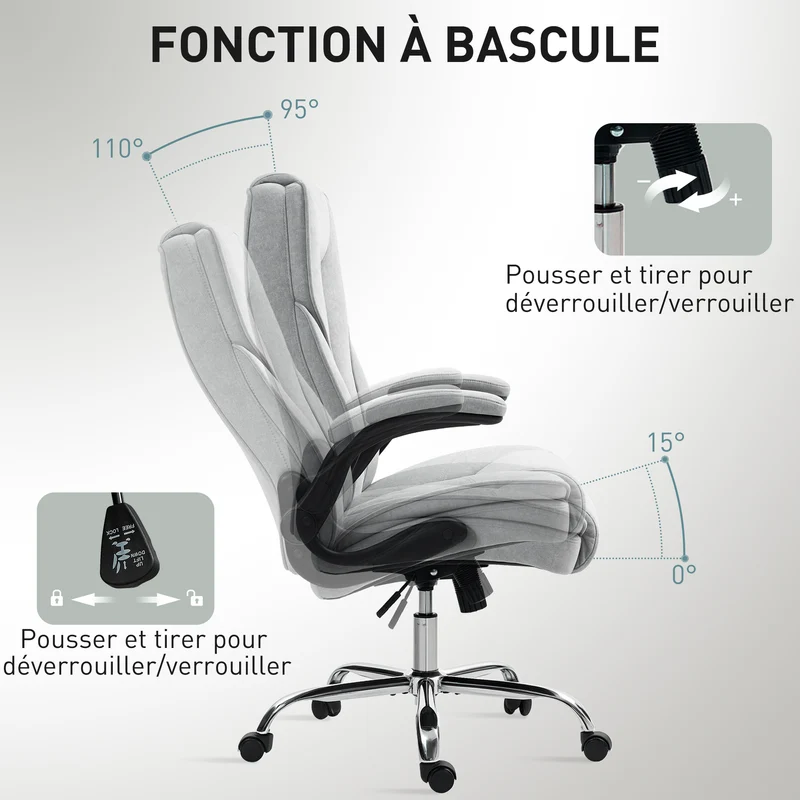 Fauteuil de bureau ergonomique réglable 70 x 70 x 114-122 cm assise mousse accoudoirs relevables épuré en velours gris 21_0006287