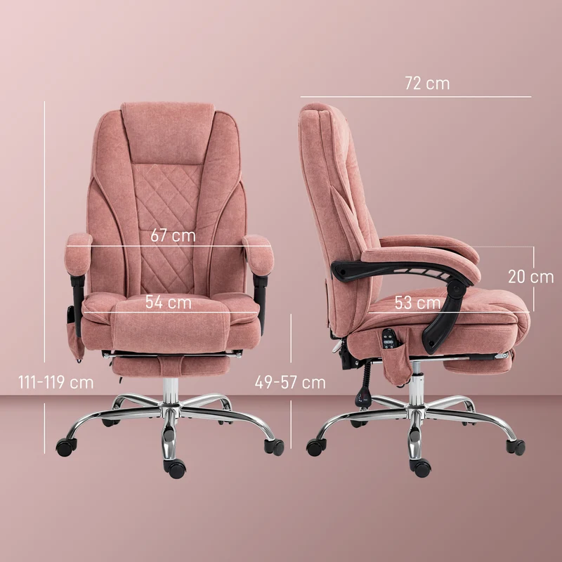 Fauteuil de bureau ergonomique 67 x 72 x 119 cm massage chauffant dossier inclinable moderne contemporain en velours rose 21_0006256
