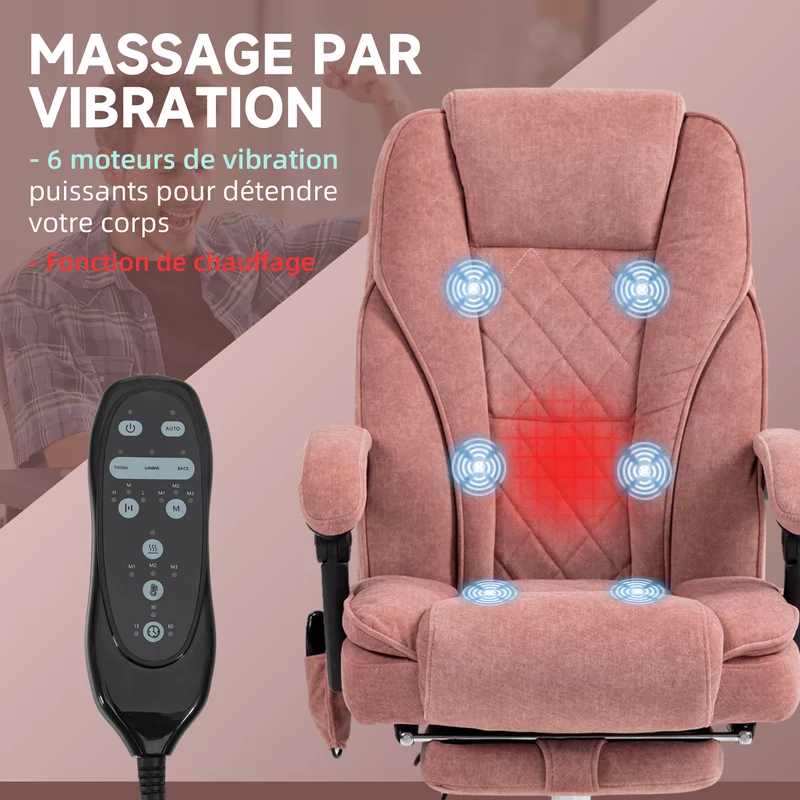 Fauteuil de bureau ergonomique 67 x 72 x 119 cm massage chauffant dossier inclinable moderne contemporain en velours rose 21_0006256
