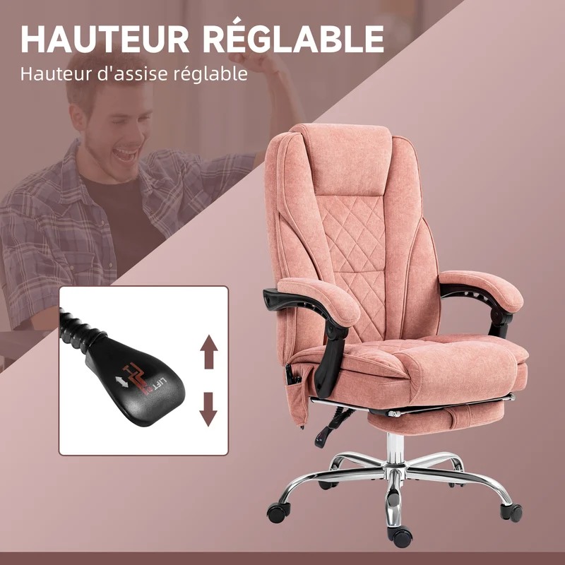 Fauteuil de bureau ergonomique 67 x 72 x 119 cm massage chauffant dossier inclinable moderne contemporain en velours rose 21_0006256