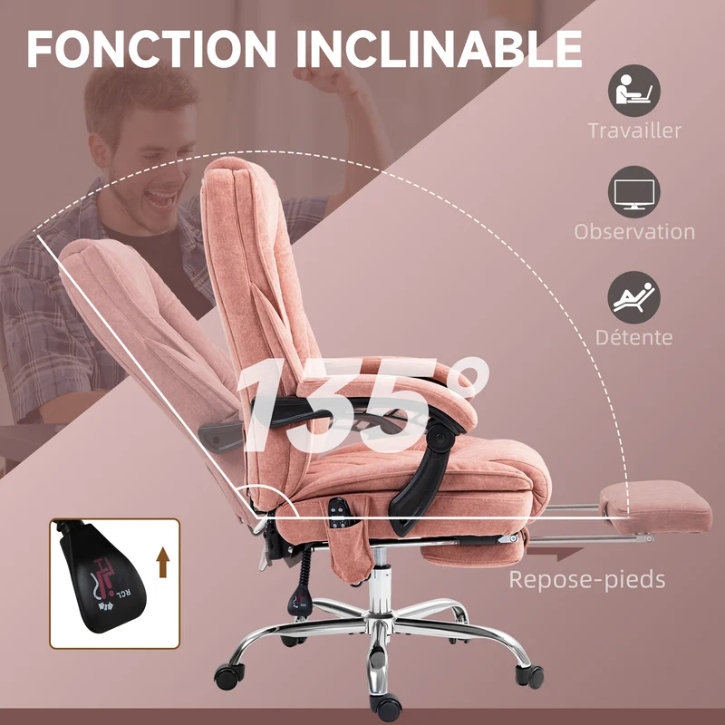 Fauteuil de bureau ergonomique 67 x 72 x 119 cm massage chauffant dossier inclinable moderne contemporain en velours rose 21_0006256