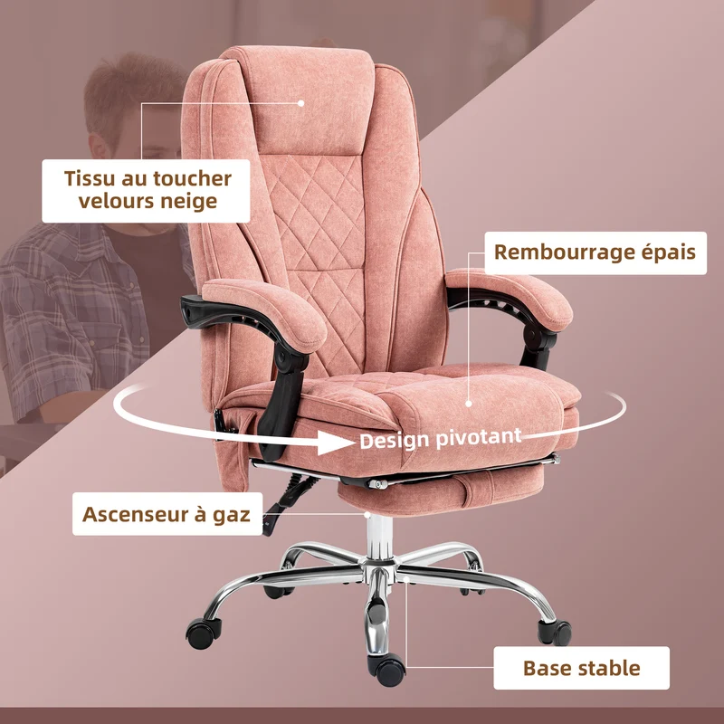 Fauteuil de bureau ergonomique 67 x 72 x 119 cm massage chauffant dossier inclinable moderne contemporain en velours rose 21_0006256