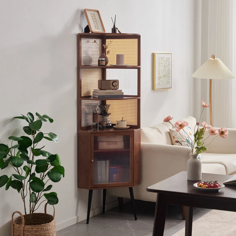 Modern Mid-century Square Nan Bamboo Solid Wood Acrylic Faux Rattan Weaving Corner Shelf Unit 6-Tier For Living Room
