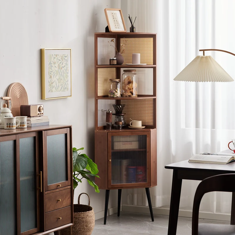 Modern Mid-century Square Nan Bamboo Solid Wood Acrylic Faux Rattan Weaving Corner Shelf Unit 6-Tier For Living Room