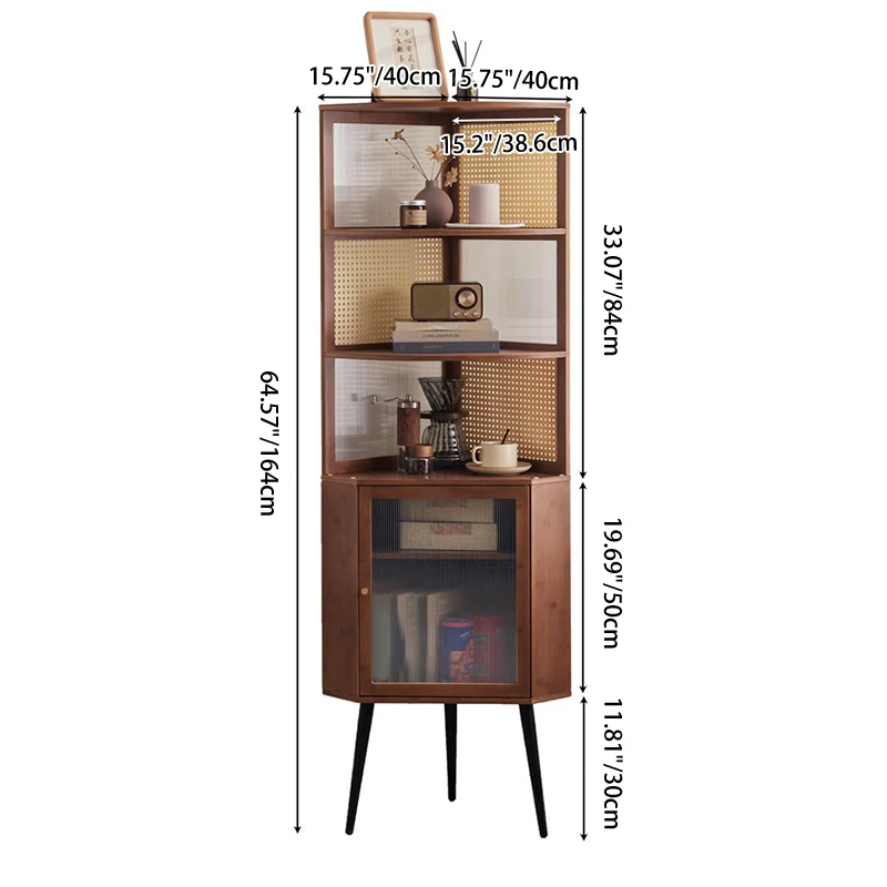 Modern Mid-century Square Nan Bamboo Solid Wood Acrylic Faux Rattan Weaving Corner Shelf Unit 6-Tier For Living Room