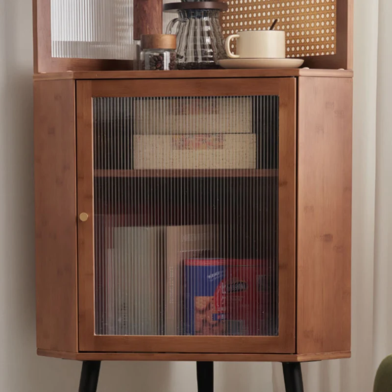 Modern Mid-century Square Nan Bamboo Solid Wood Acrylic Faux Rattan Weaving Corner Shelf Unit 6-Tier For Living Room