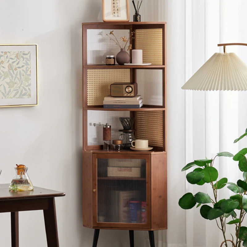 Modern Mid-century Square Nan Bamboo Solid Wood Acrylic Faux Rattan Weaving Corner Shelf Unit 6-Tier For Living Room