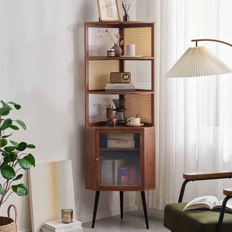 Modern Mid-century Square Nan Bamboo Solid Wood Acrylic Faux Rattan Weaving Corner Shelf Unit 6-Tier For Living Room