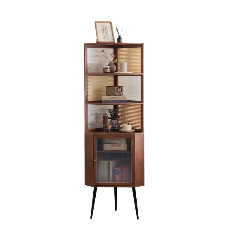 Modern Mid-century Square Nan Bamboo Solid Wood Acrylic Faux Rattan Weaving Corner Shelf Unit 6-Tier For Living Room