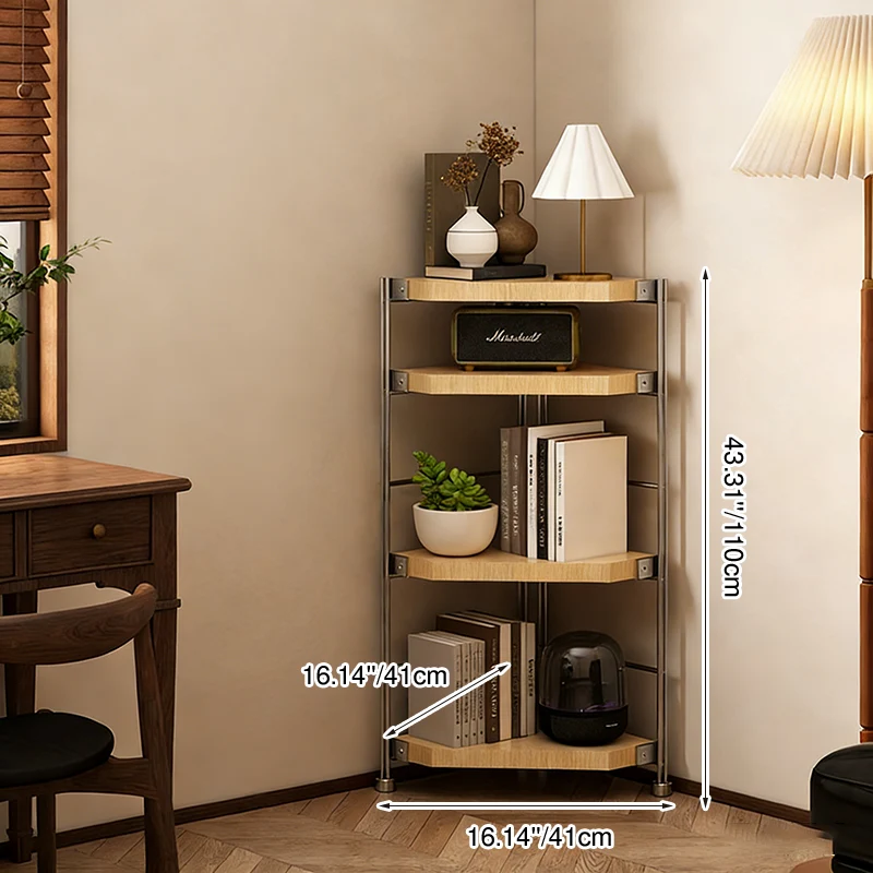 Modern Minimalist Particleboard & Steel Triangle Corner Shelf Unit With 4-Tiers For Living Room And Home Office