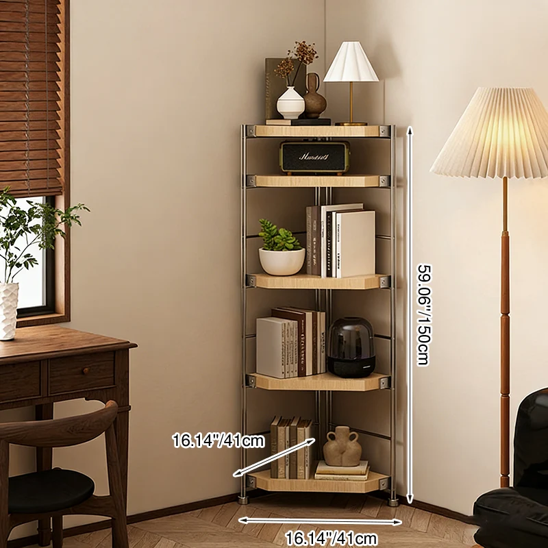 Modern Minimalist Particleboard & Steel Triangle Corner Shelf Unit With 4-Tiers For Living Room And Home Office