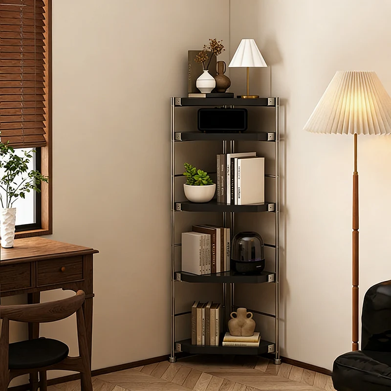 Modern Minimalist Particleboard & Steel Triangle Corner Shelf Unit With 4-Tiers For Living Room And Home Office