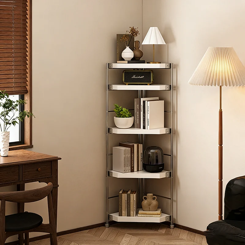 Modern Minimalist Particleboard & Steel Triangle Corner Shelf Unit With 4-Tiers For Living Room And Home Office