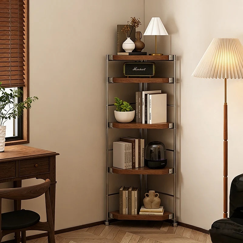 Modern Minimalist Particleboard & Steel Triangle Corner Shelf Unit With 4-Tiers For Living Room And Home Office