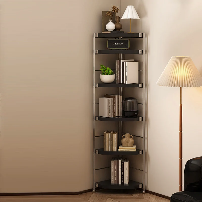 Modern Minimalist Particleboard & Steel Triangle Corner Shelf Unit With 4-Tiers For Living Room And Home Office
