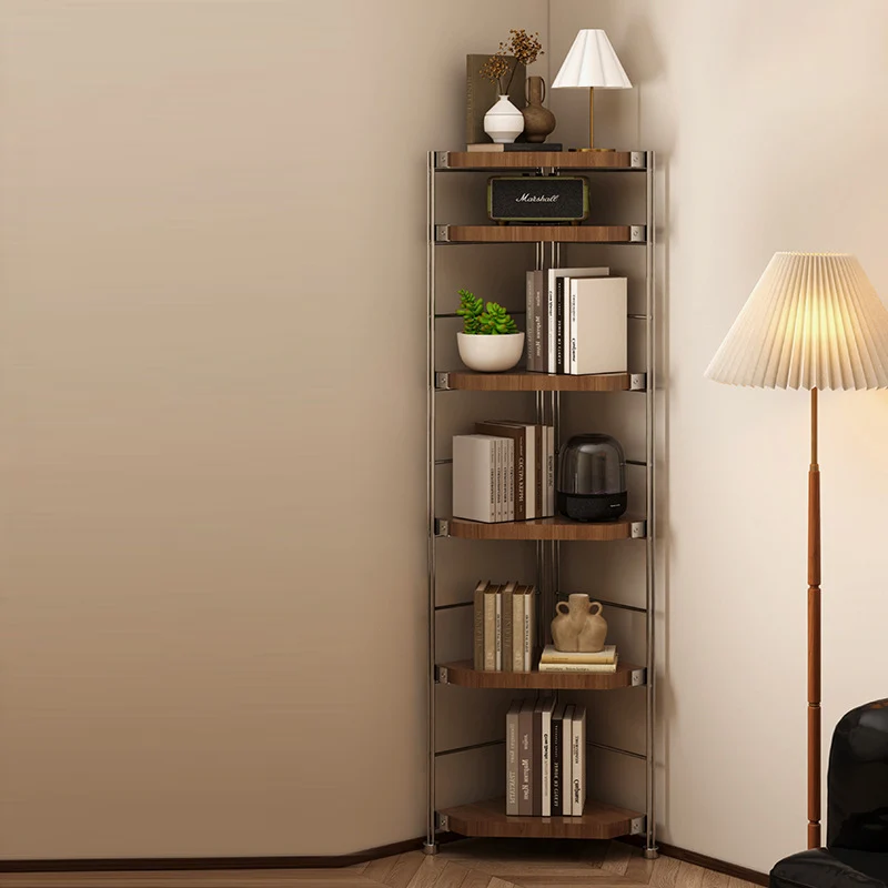Modern Minimalist Particleboard & Steel Triangle Corner Shelf Unit With 4-Tiers For Living Room And Home Office